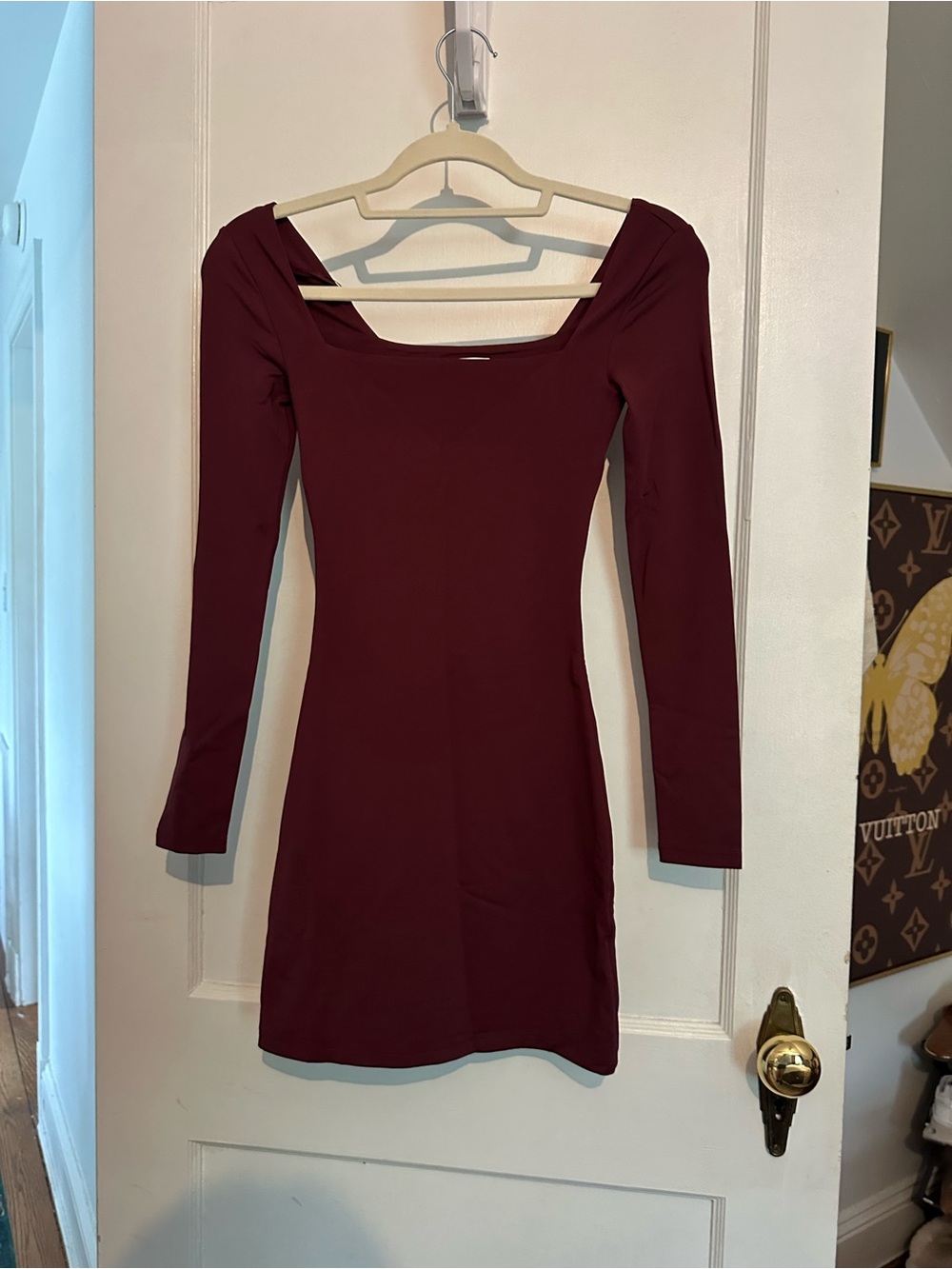 Aritzia Long-Sleeve Square Neck Dress in Burgundy